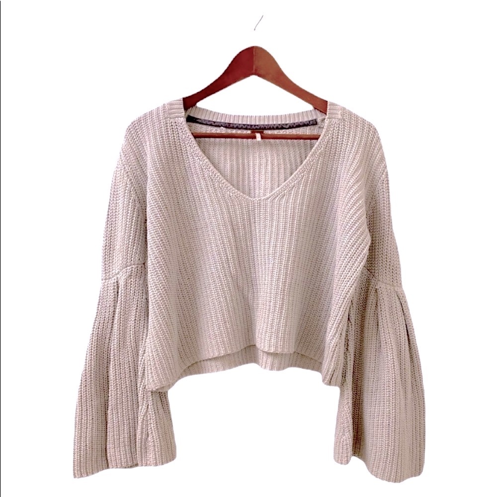 Free People Stone Chinky Knit Dramatic Bell Sleeve Pullover Sweater - Picture 5 of 8